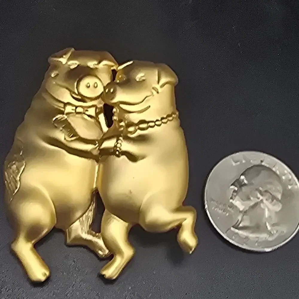 Gold Tone Dancing Pigs Brooch Couple Mrs Mr Vintage Animal Jewelry